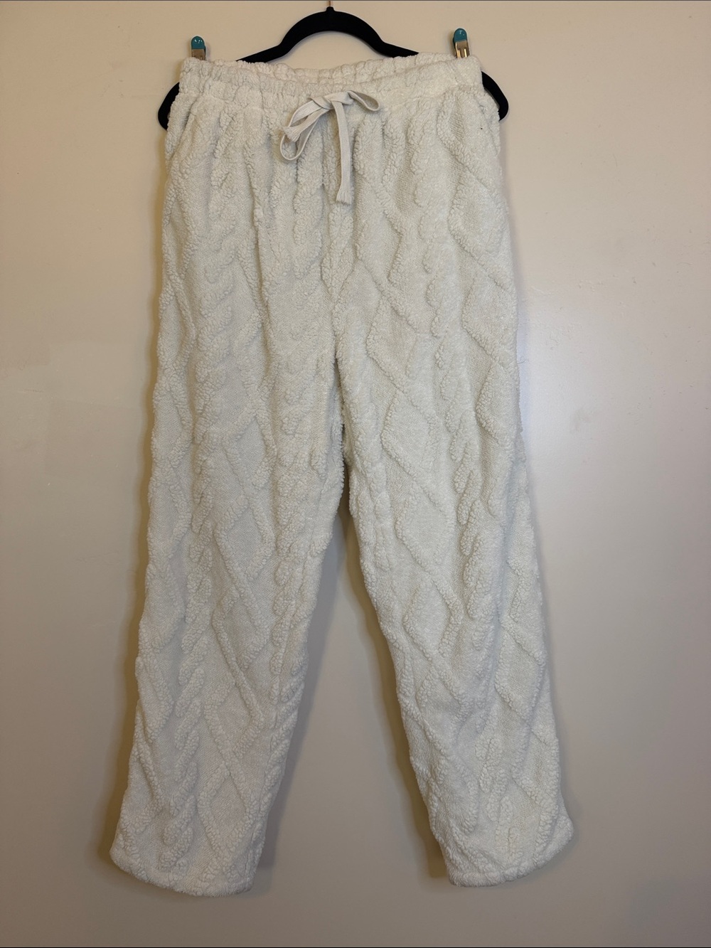 Cream Cable Knit Plush Lounge Pants with Drawstring